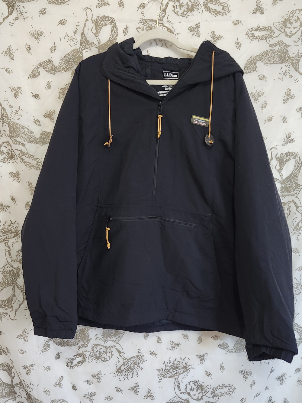 L.L. Bean Black Hooded Pullover Windbreaker with Tan Drawcords XXL